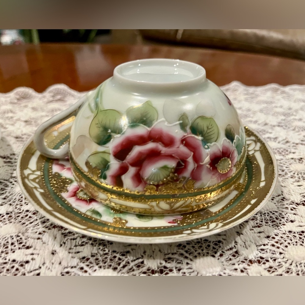 PAIR of Exquisite Antique Japanese Porcelain Hand Painted Teacups and Saucers.